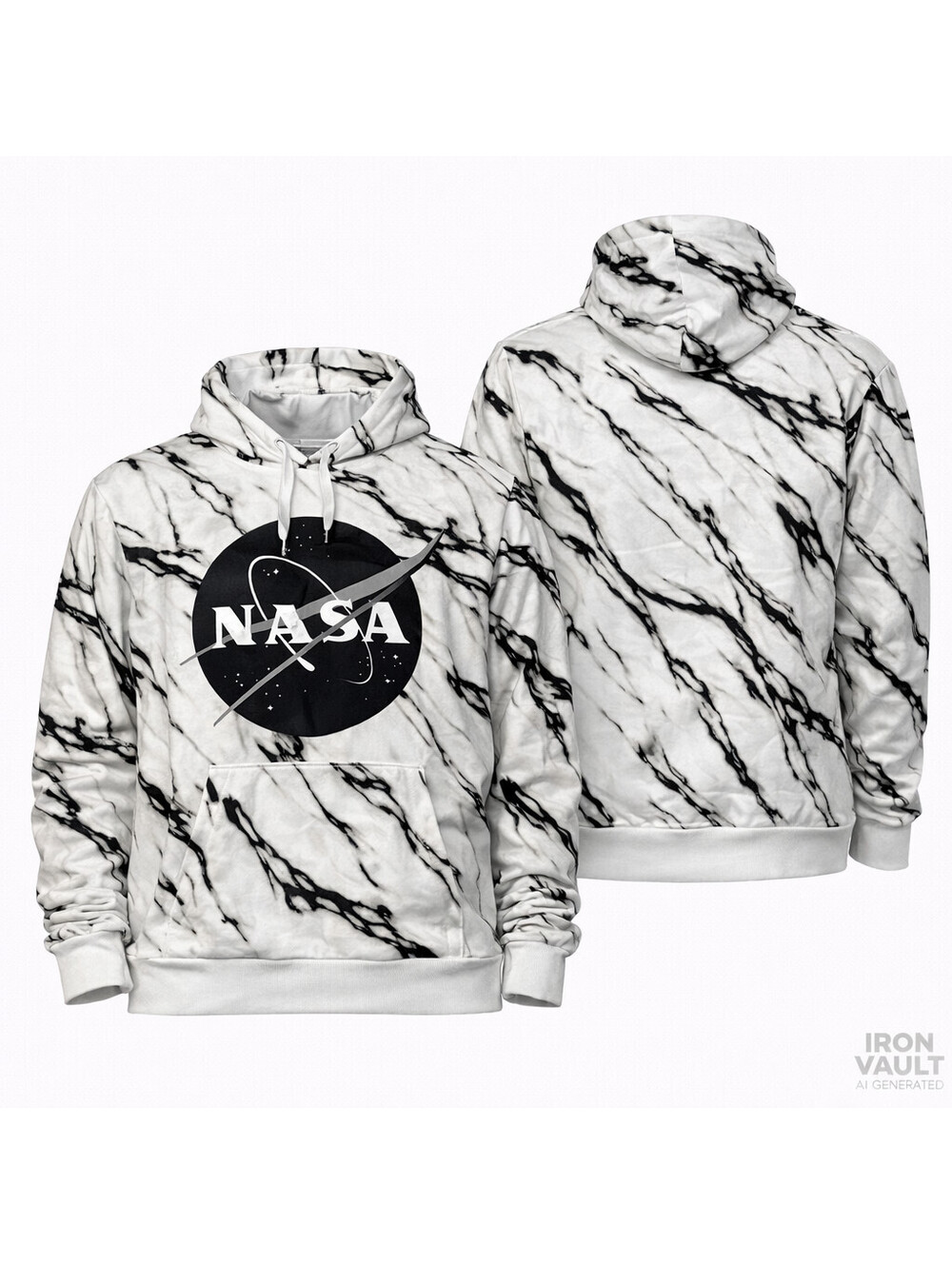 NASA Men's XL White Black Marble Graphic Print Pullover Hoodie Sweatshirt